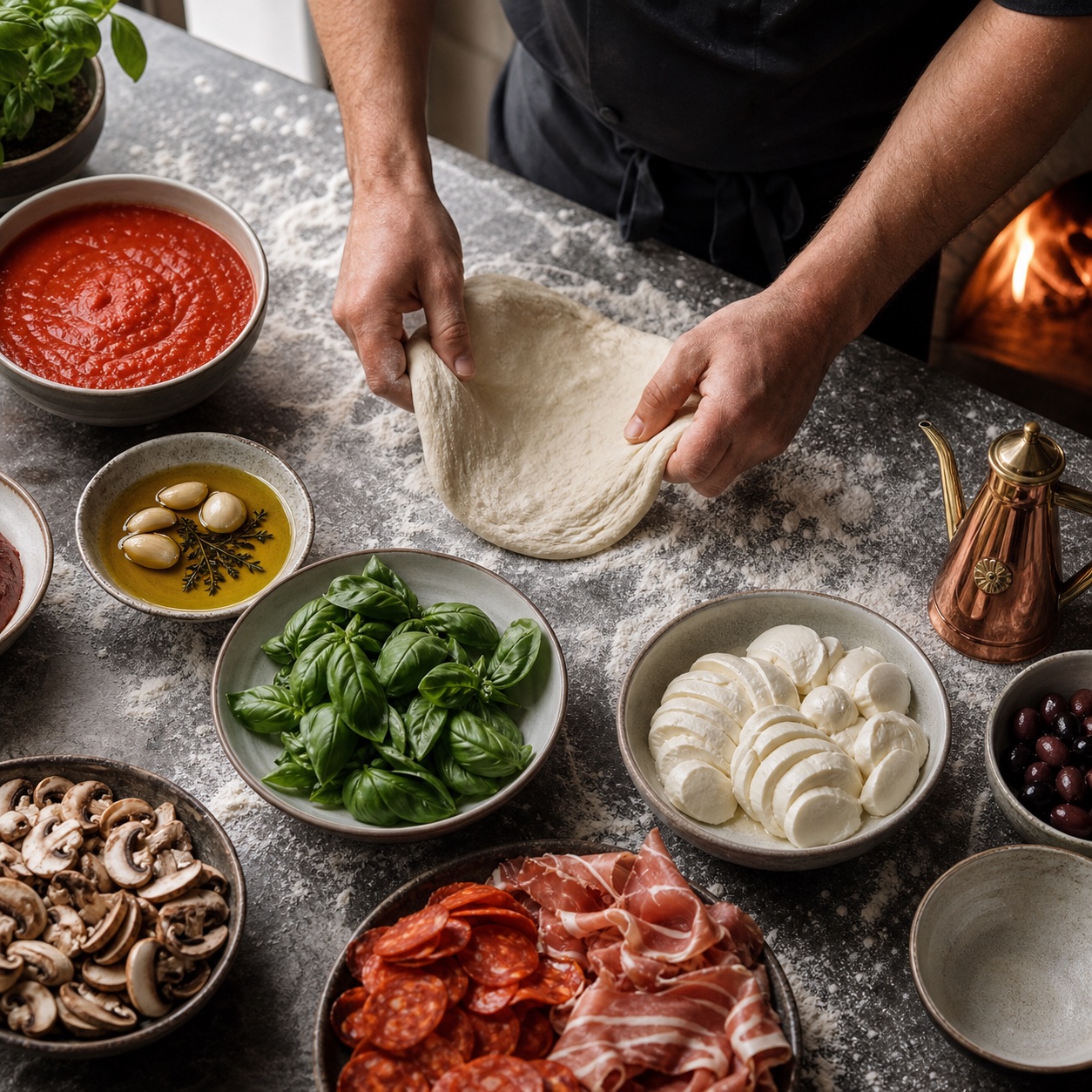 Fresh dough, basil, tomato sauce, and mozzarella on a prep table